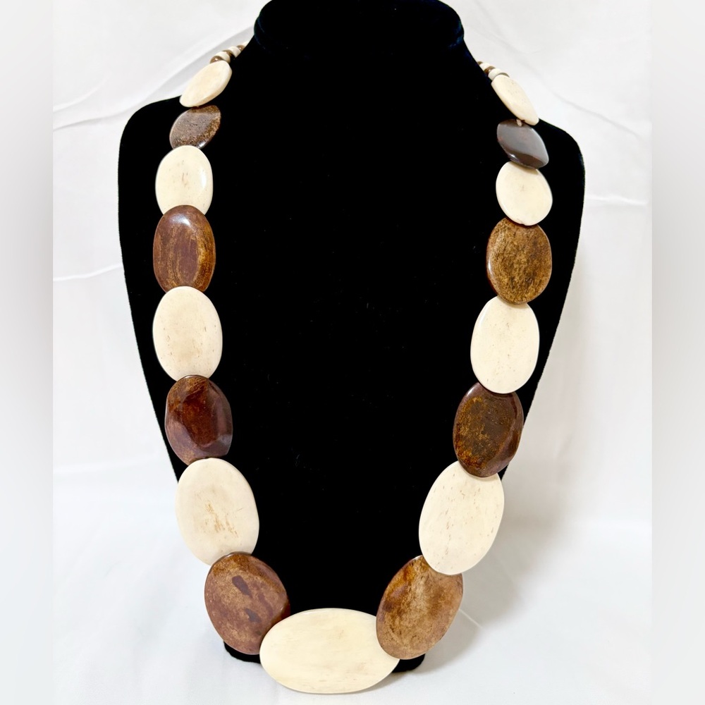 Beautiful handmade flat oval bone bead necklace